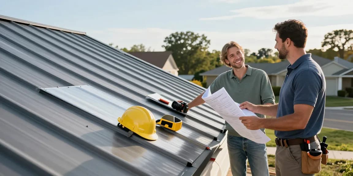 Homeowner choosing a metal roof company with contractor discussing plans.