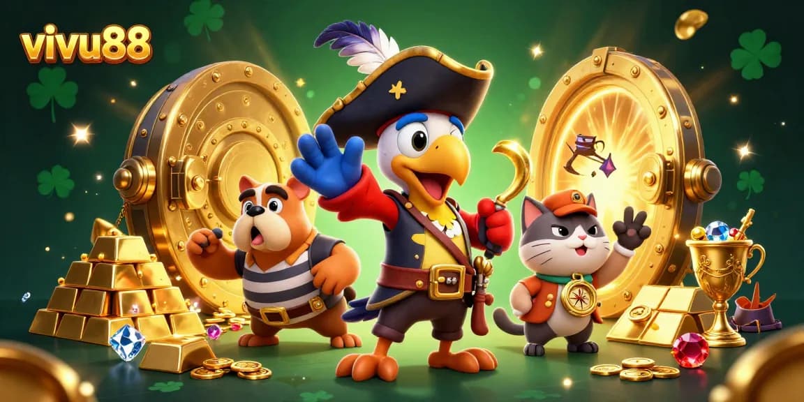 Explore exciting cockfighting action at vivu88, featuring vibrant characters in a dynamic casino setting.
