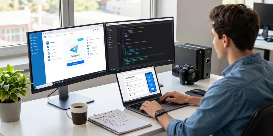 Explore Telegram download in a modern tech workspace with a developer engaged in coding and app features.