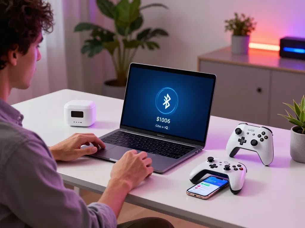 Explore cool tech gadgets under $106 in this modern workspace featuring wireless devices and a laptop setup.
