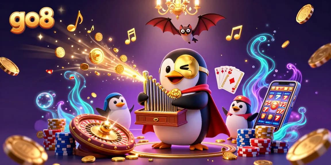 Experience go8 excitement with a 3D phantom opera penguin amidst golden coins and casino elements.