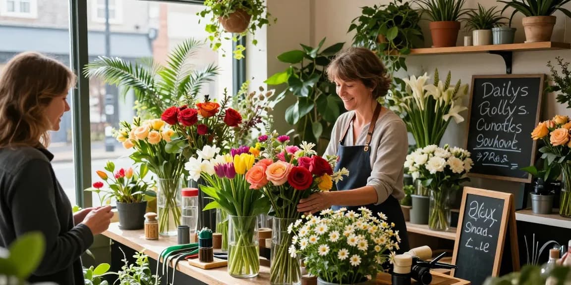 Devon florist creating a vibrant bouquet in a sunny flower shop surrounded by fresh seasonal flowers.
