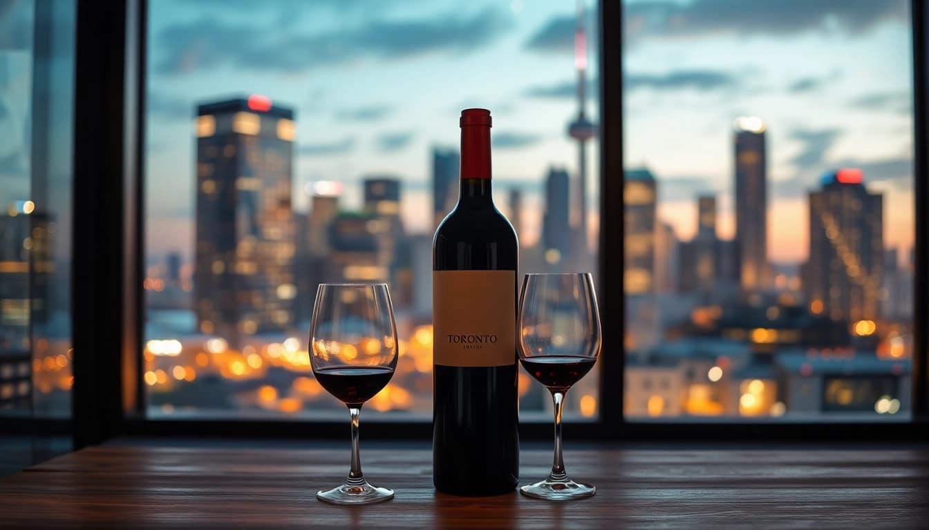 Experience premium wine delivery Toronto with a beautiful bottle and glass set in a chic urban ambiance.