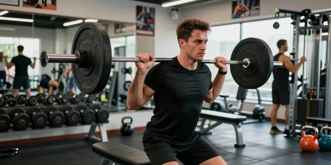 Ein athletischer Mann hebt Gewichte im Anabolika Shop Deutschland Fitnessstudio und zeigt Hingabe für Fitness und Stärke.