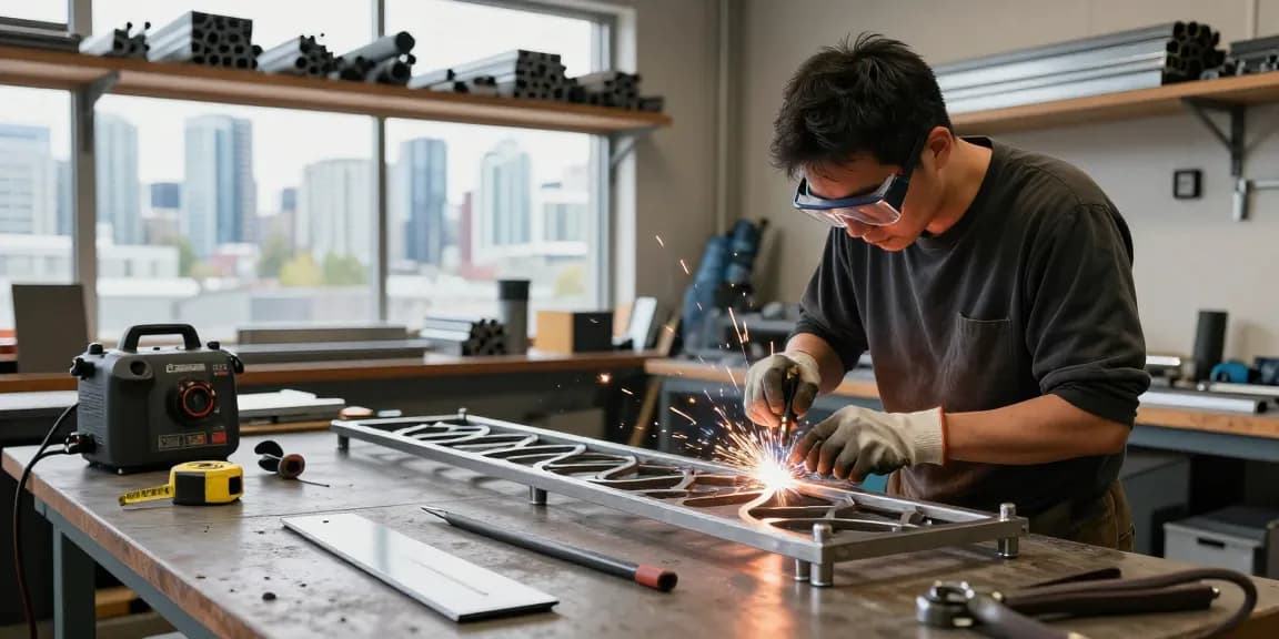 Custom metalwork Vancouver featuring a skilled craftsman creating intricate railings in a bright workshop.