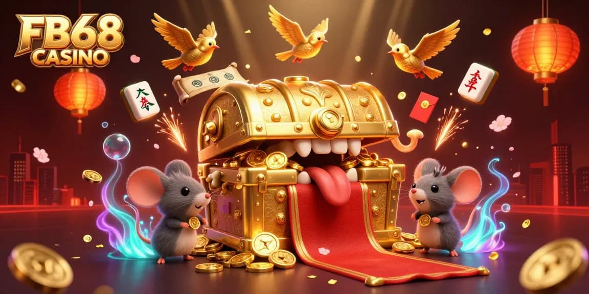 Engage with FB68 CASINO's exciting 3D cartoon treasure scene filled with adventure and riches.