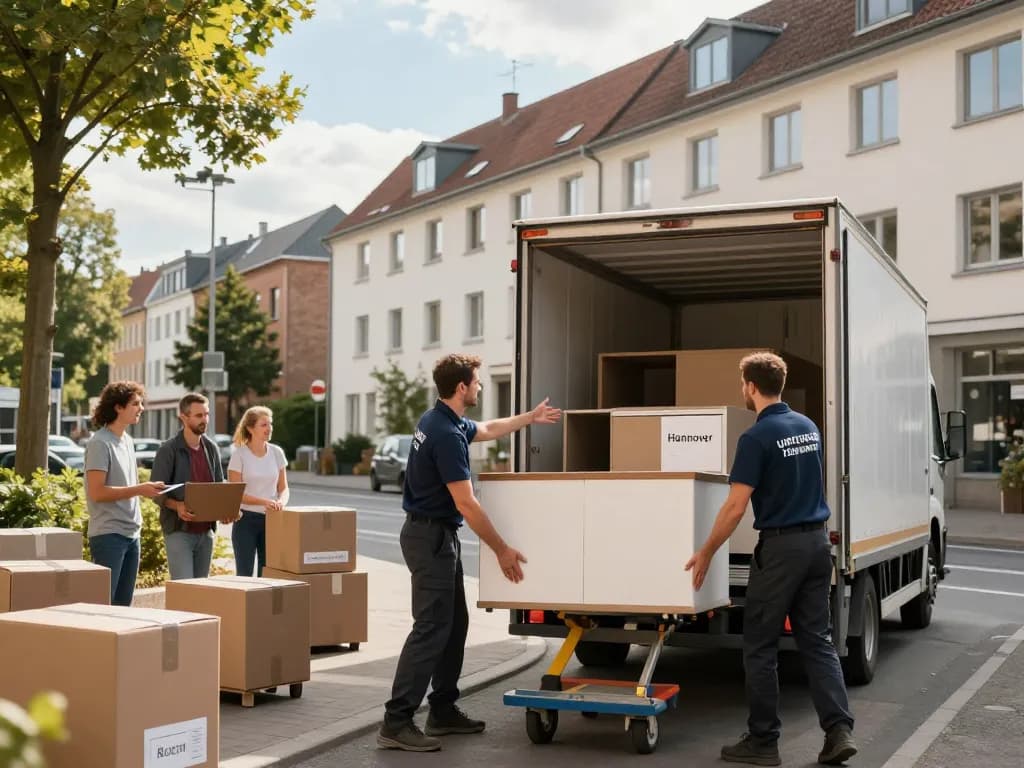 Professionelle Umzugshelfer von Umzugsunternehmen Hannover laden Möbel in einen Lkw, was Teamarbeit und Organisation zeigt.