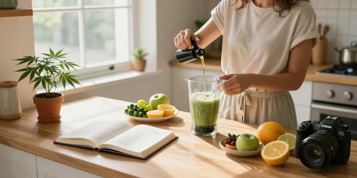 Ministryofcannabis wellness lifestyle scene with CBD oil, healthy ingredients, and natural light, promoting holistic health.