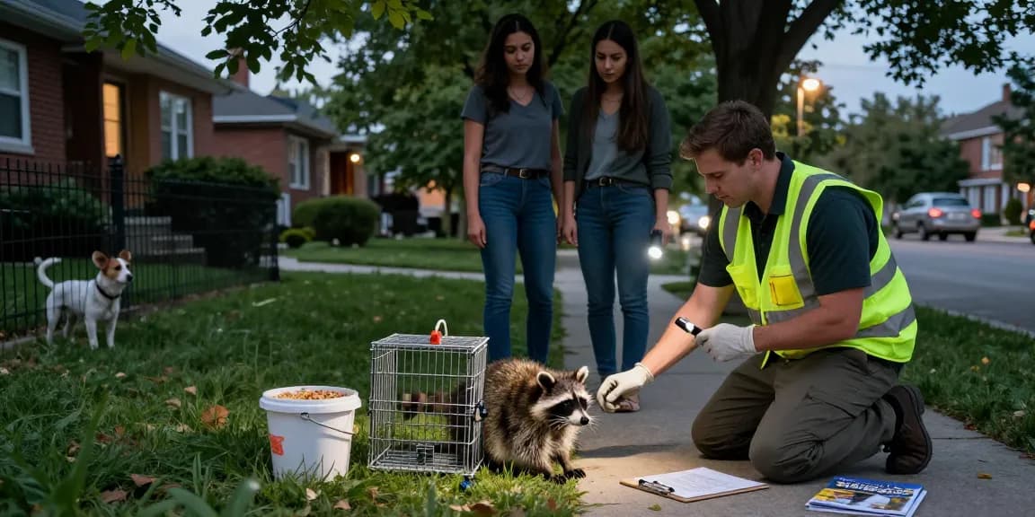 Raccoon Removal Toronto technician capturing a raccoon in a suburban area, emphasizing wildlife management.