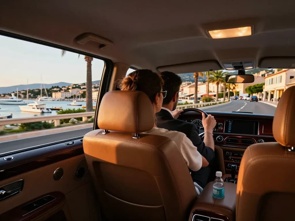 Trajet en taxi de luxe à Saint-Tropez avec vue côtière pittoresque et chauffeur professionnel