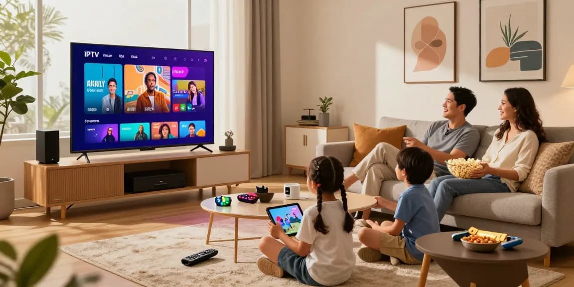 Family enjoying IPTV streaming together in a cozy living room with modern decor.