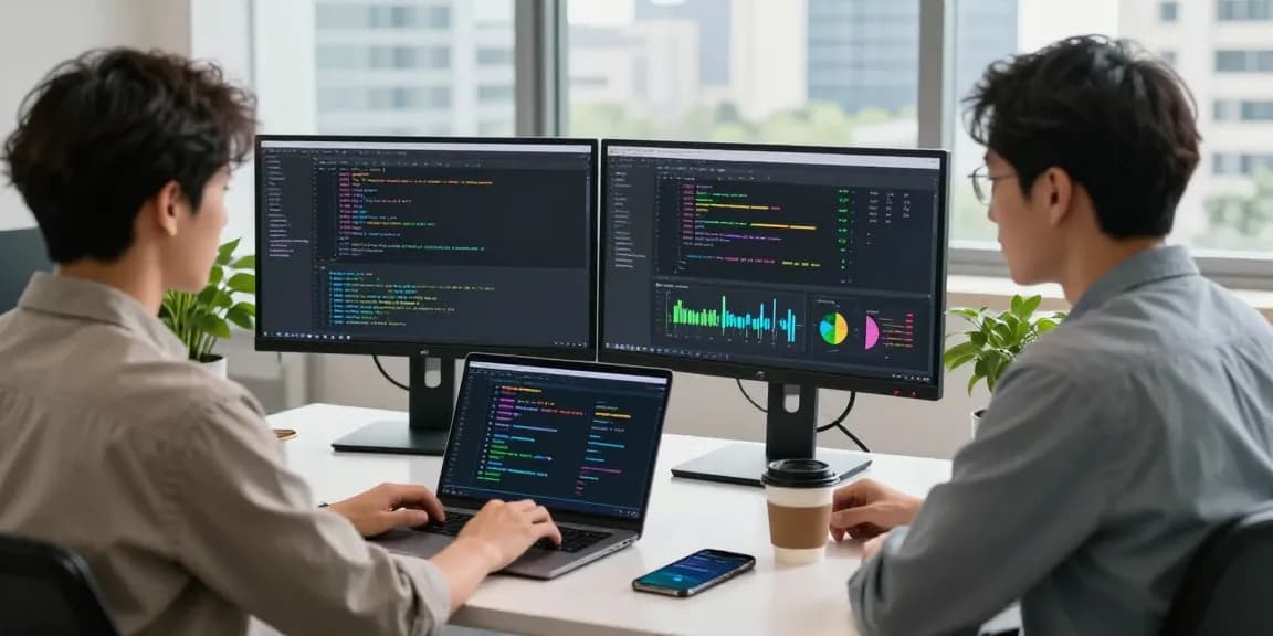 快连 software developer at a modern workspace, coding on dual monitors for enhanced network performance.