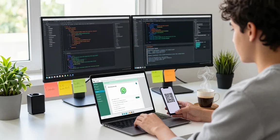 Efficient workspace with WhatsApp網頁版 on laptop and QR code on phone, showcasing modern productivity.