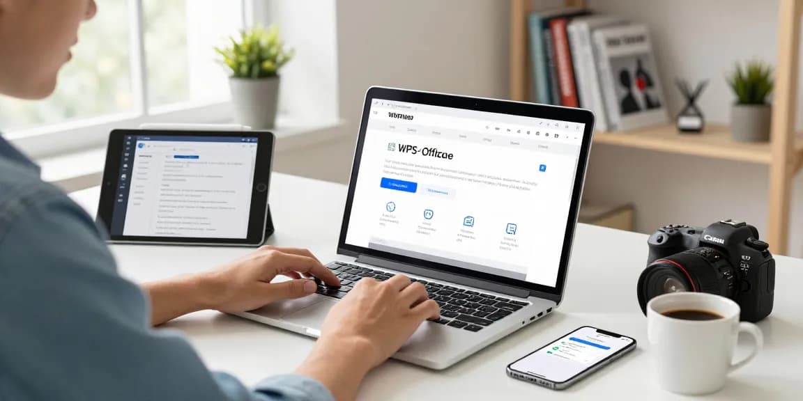 WPS Download page displayed on a laptop in a well-organized home office.