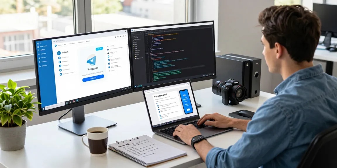 Explore Telegram download in a modern tech workspace with a developer engaged in coding and app features.