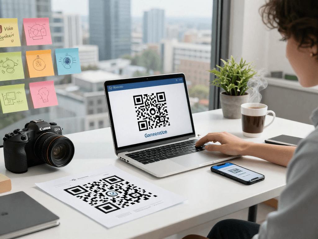 Creating a QR Code Generator at a stylish workspace with tech gadgets and printed QR materials.