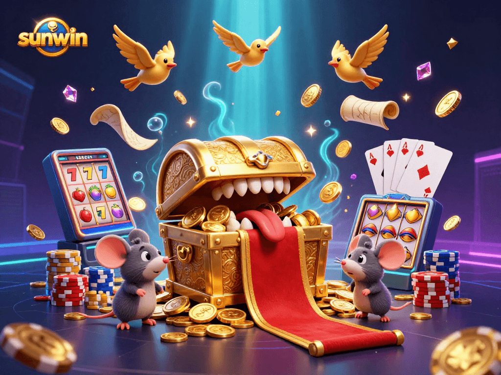 Spin the reels and discover riches at sunwin; a vibrant 3D casino scene.