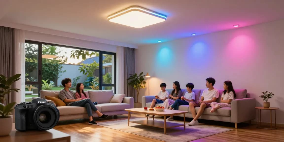 Spoturi LED moderne reflectând atmosfera plăcută într-un living contemporan.