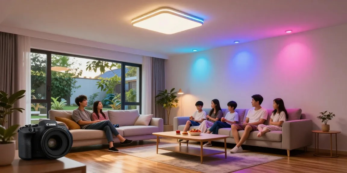 Spoturi LED moderne reflectând atmosfera plăcută într-un living contemporan.