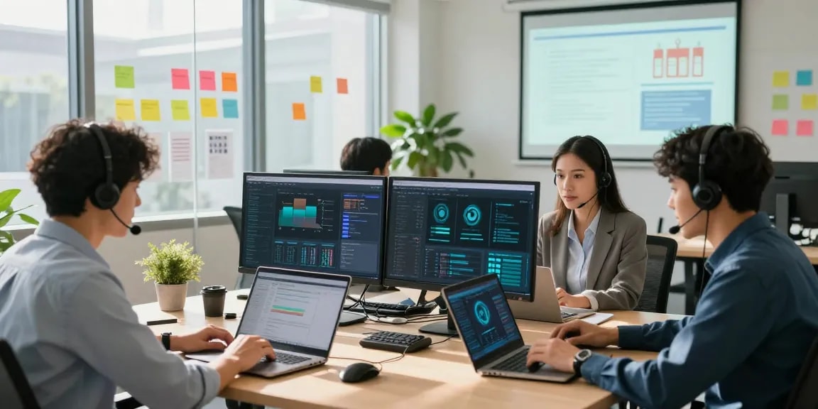 Dynamic IT support services for small business team collaborating in a vibrant office.