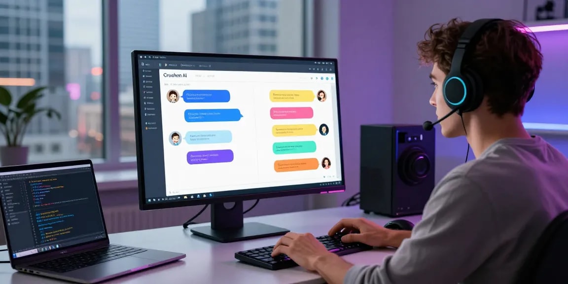 Engaging user interacting with Crushon IA chatbot in dynamic digital workspace.
