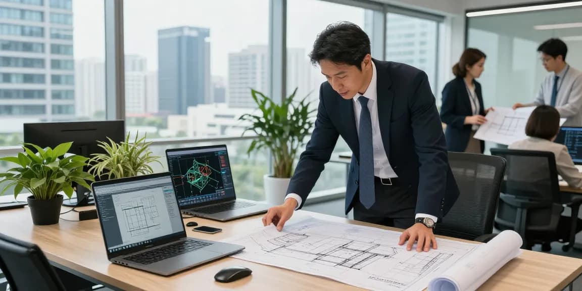 Structural Engineering Consultant Canada discussing blueprints in a modern office.