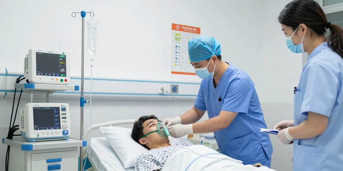 A medical professional applying an oxygen mask to a patient in a hospital emergency room.