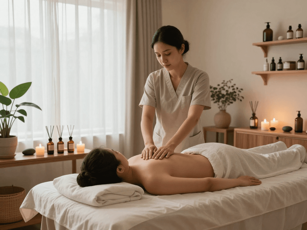 Relaxing massage therapy session showcasing 판교출장안마 in a tranquil studio with natural light and calming decor.