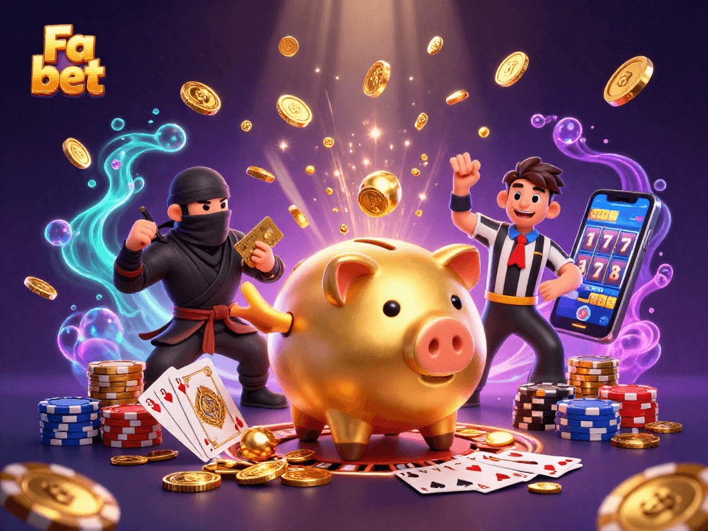 Experience Fa bet's exhilarating world with vibrant characters, spinning roulette, and flying coins.