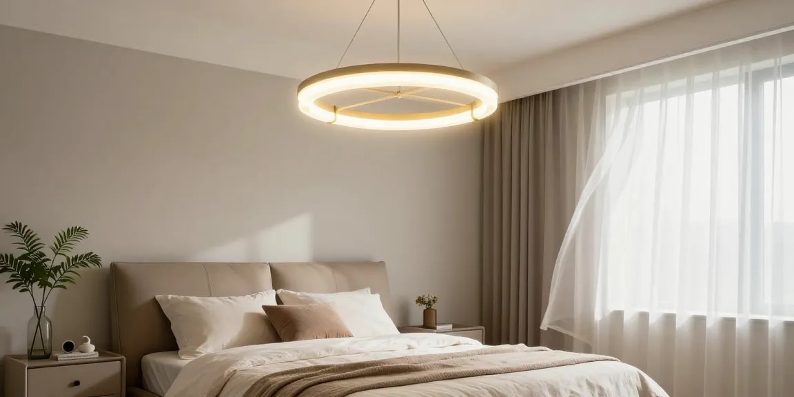 Candelabru dormitor elegant ce luminează un interior modern și minimalist.