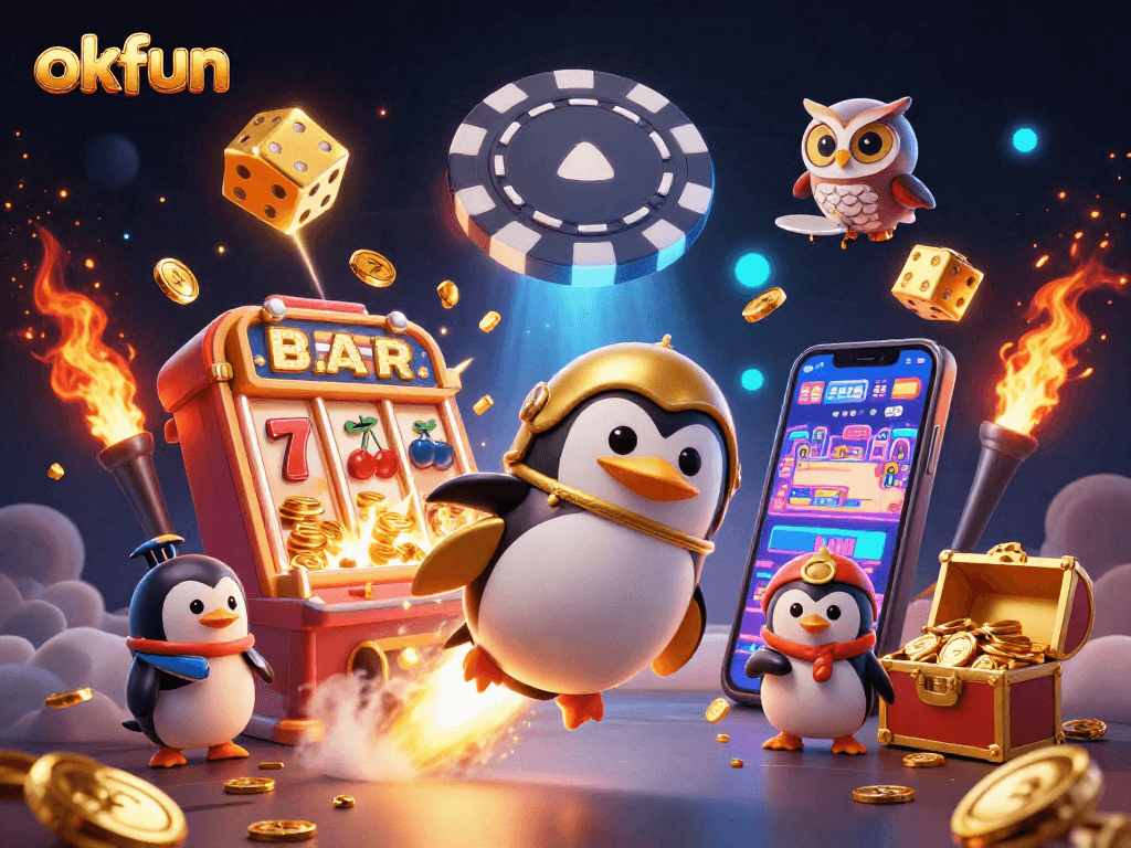Experience thrilling wins at okfun with a 3D cartoon penguin soaring towards a flashy casino.