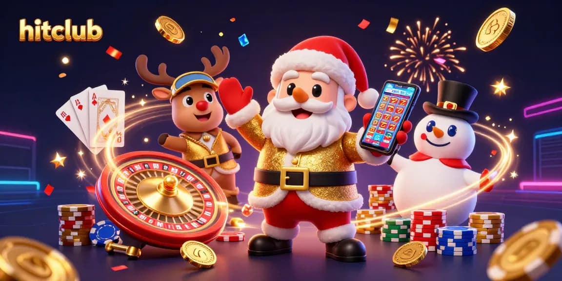 Hitclub featuring an engaging 3D casino scene with Santa, a reindeer dealer, and a poker chip snowman.