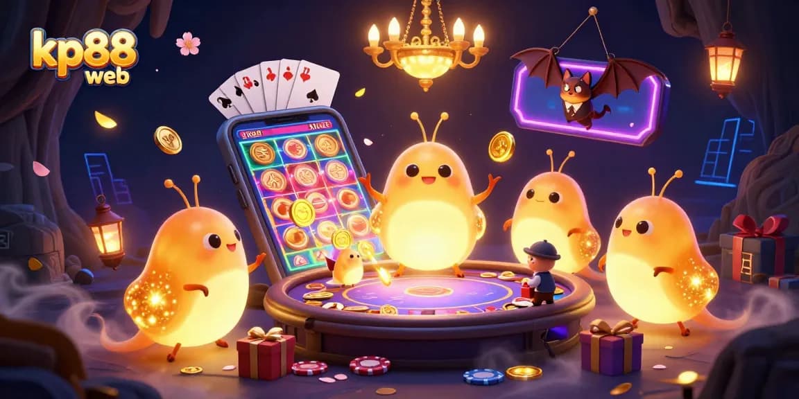 Engage in the gaming excitement of kp88 web with glowing characters and vibrant casino elements.