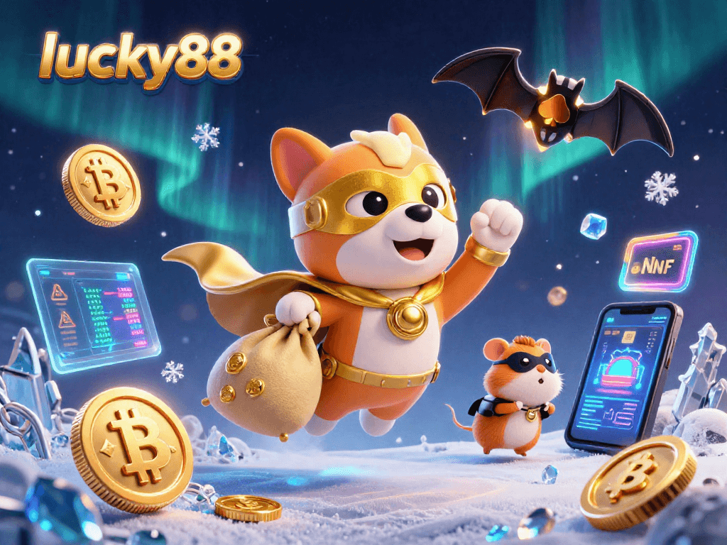 lucky88 brings excitement as a superhero dog offers gold coins amidst vibrant casino symbols.