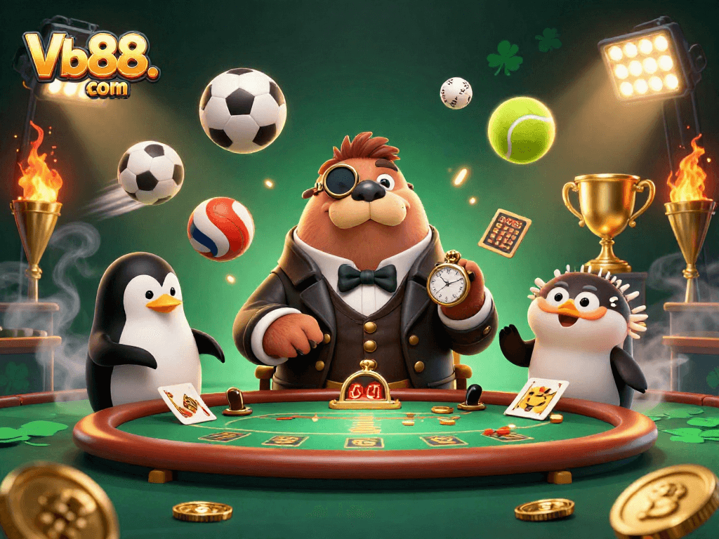 Join the fun at Vb88. com with a jolly walrus and friends engaged in an exciting underwater poker game.