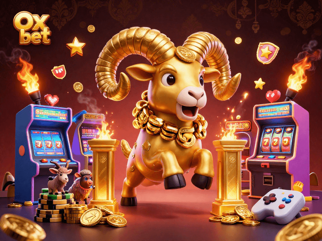 Experience the thrill of Ox bet with our vibrant casino scene featuring exciting game elements and a golden ram!