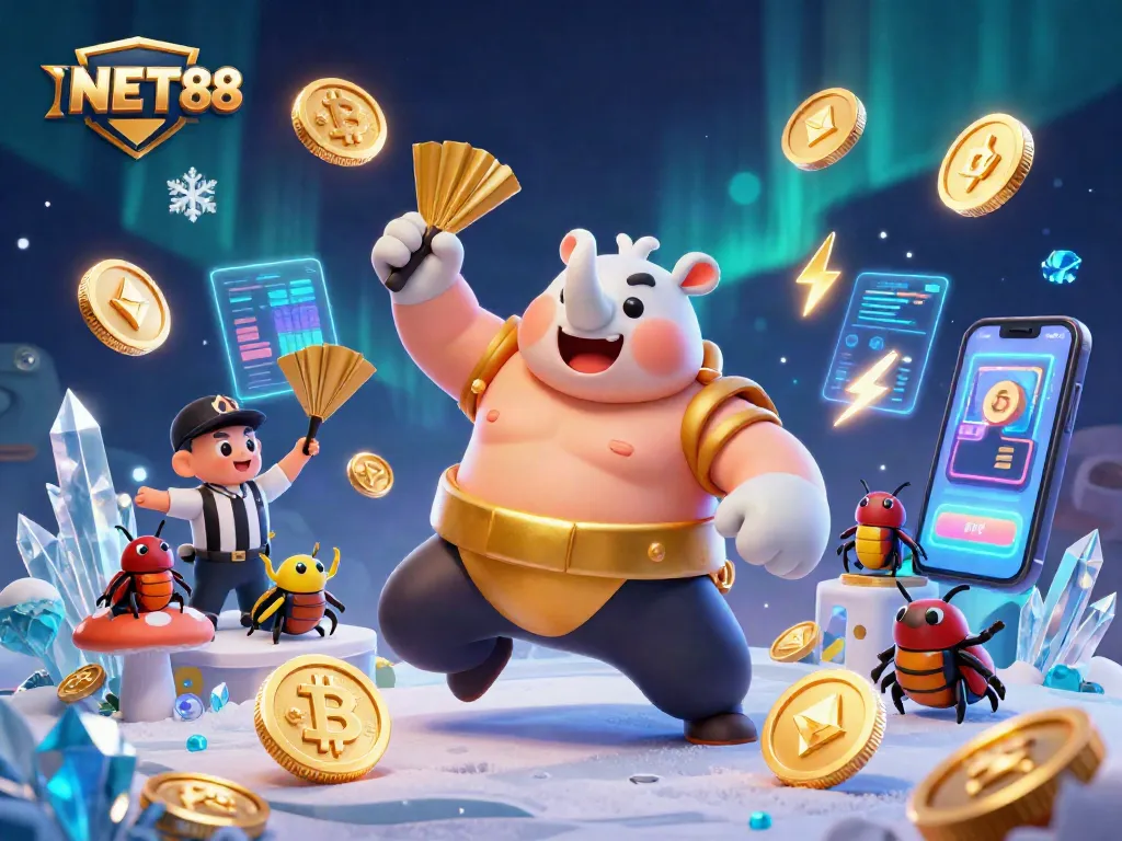 NET88 sports betting scene with a beetle champion and coins flying in vibrant colors.