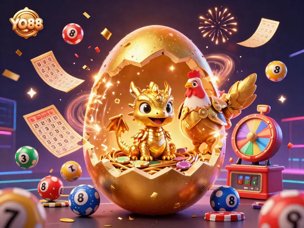 Experience YO88’s immersive gaming with a golden dragon, poker chips, and vibrant lottery elements.