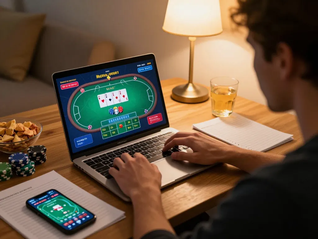Player engaging in sunwingo online poker game on laptop with strategic notes nearby