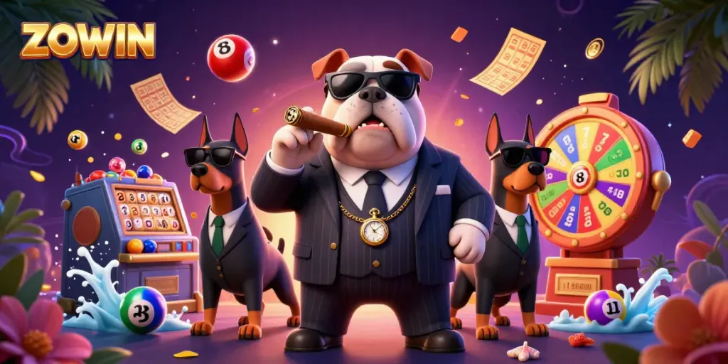 ZOWIN's thrilling gaming experience showcases a mafia bulldog, lottery elements, and vibrant details in an exciting casino scene.
