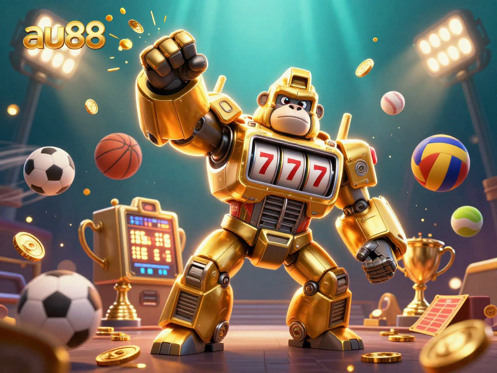 au88 features a dynamic illustration of a golden gorilla mech and sports elements in a rich casino setting.