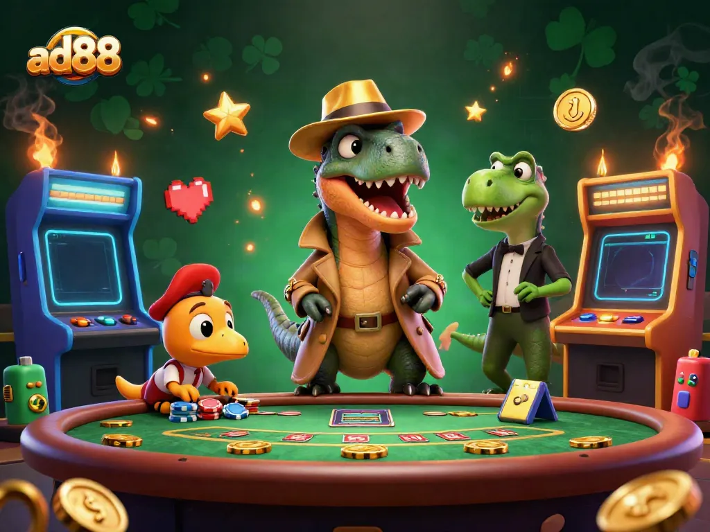 Experience thrilling gameplay with ad88's vibrant casino scene featuring sneaky characters and arcade elements.