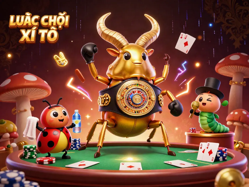Engage with LUẬT CHƠI XÌ TỐ in a vibrant casino battle scene featuring poker dynamics and glowing characters.