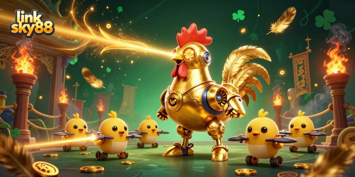 Experience thrilling gameplay with link sky88 using a vibrant 3D casino scene featuring a golden rooster robot.