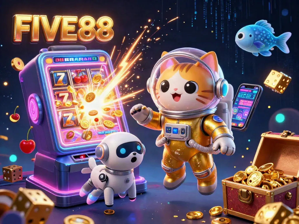 Experience exciting jackpot wins at FIVE88 with vibrant 3D gaming elements and characters.