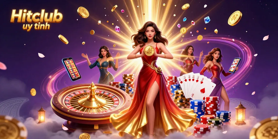Experience the excitement of Hitclub uy tín with a stunning Asian woman amidst golden coins and casino games.