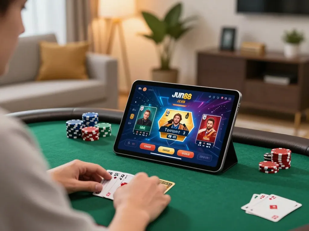 Engaging in strategic poker gameplay on Jun88 casino app at home.
