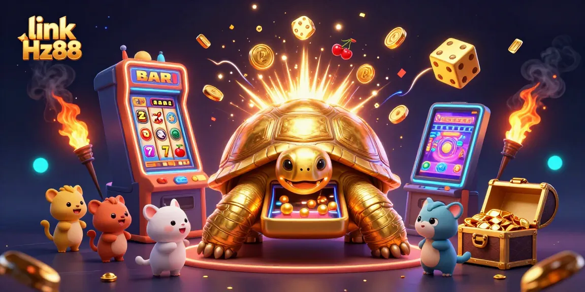 Engage in thrilling gameplay at link Hz88 with a vibrant 3D casino scene full of animated characters and games.