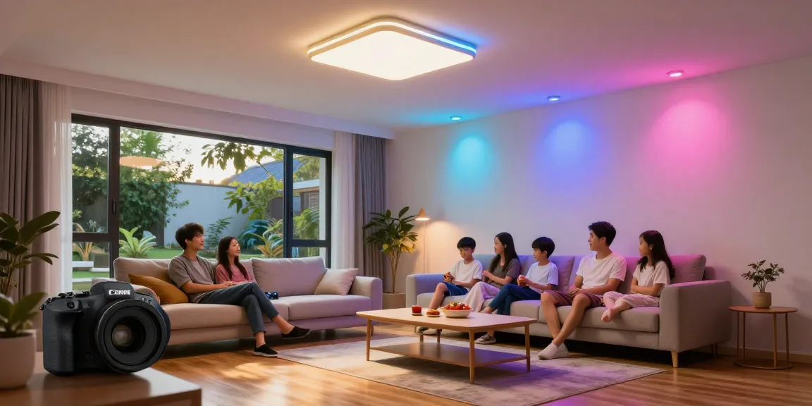 Spoturi LED moderne reflectând atmosfera plăcută într-un living contemporan.