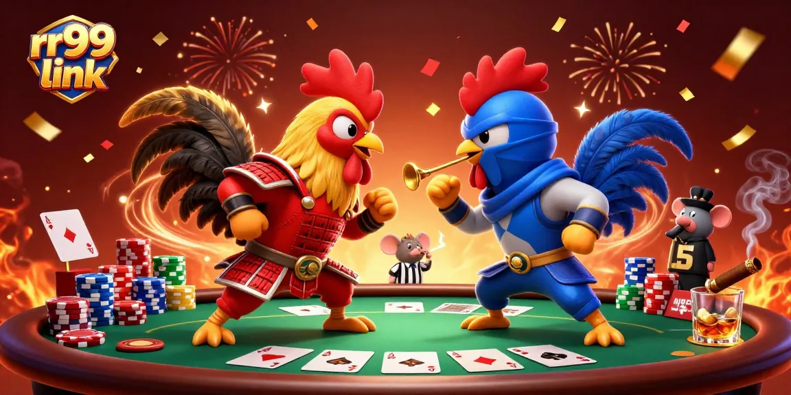 Experience the rr99 link with a dynamic standoff of cartoon fighting roosters at a poker table.